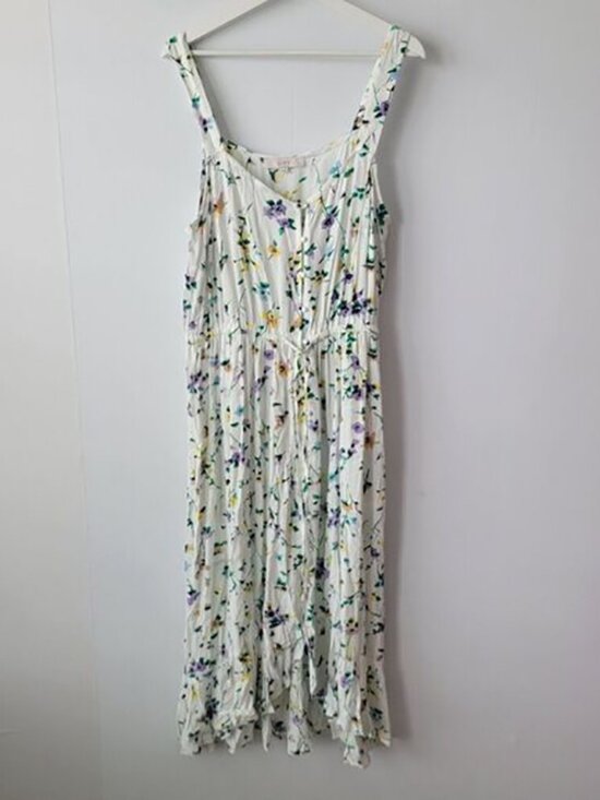 Dresses & Skirts - Loft womens Floral Button Ruffle Midi Dress size 14 button front tie wasit